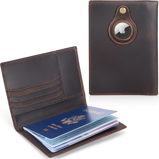 Polare Slim RFID Blocking Leather Passport Holder Travel Bifold Wallet For Men (Dark Brown with AirTag Slot)