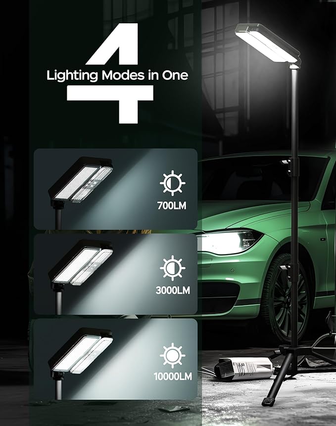 10000lm Dimmable Rechargeable Work Light, 15000mAh Detachable Camping Work Light 72'' Telescopic with 2 Separate Lights, 2 Charge Ways Type C & Solar Powered