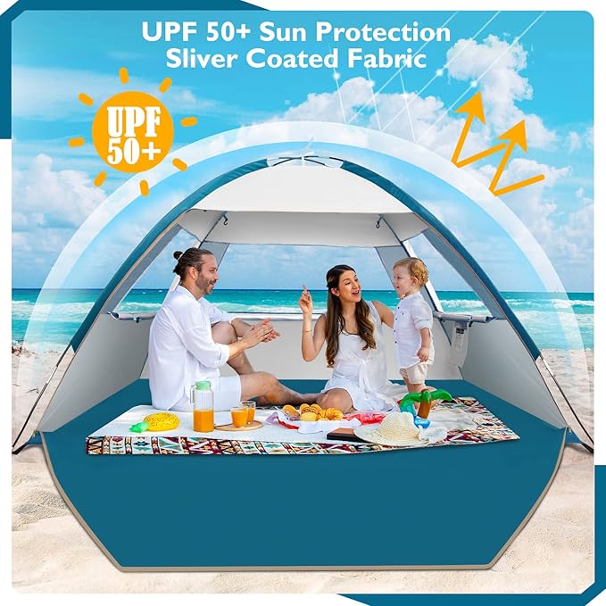 COMMOUDS Beach Tent Sun Shade for 3/4-5/6-7/8-10 Person, UPF 50+ Beach Sun Shelter Canopy Tent, Lightweight, Easy Set Up and Carry
