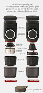 Portable Hand press Coffee Maker with with Capsule Compartment and Coffee Powder Bowl & Travel Mug - Compact Espresso Machine for Home, Travel, Manual Coffee Brewing