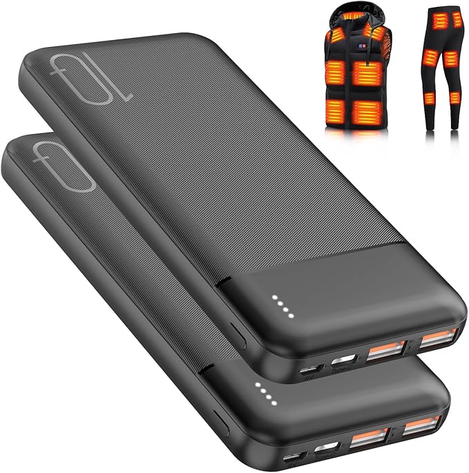 2PCS 10000mAh Heated Vest Battery Pack USB 5V, Heating Vest Portable Charger with USB/Type C Output Ports, Power Bank for Heated Jacket,Battery Pack for Heated Vest/Jacket/Hoodie/Coat