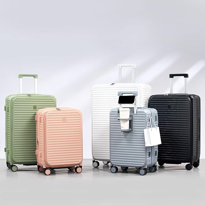 Hard Shell Suitcases 24 Inch Check in Luggage with Spinner Wheels Cup Holder, Lightweight Top Opening Expandable Luggage Hard Case Rolling Medium Checked Suitcase with Lock, White