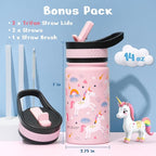 BUZIO 14oz Kids Water Bottle with Straw Lid, Insulated Toddler Water Bottle for School Stainless Steel Thermo Cup for Girls Boys Reusable Leak Proof Bpa-Free Double Walled Flask, Pink Unicorn