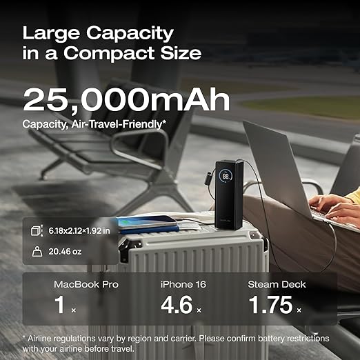 EF ECOFLOW Rapid Power Bank, 25,000mAh, 100W Built-in and Retractable Cables, 170W Portable Charger with Triple 100W USB-C Port, Compatible with iPhone Series, Samsung, Laptop and More, Black