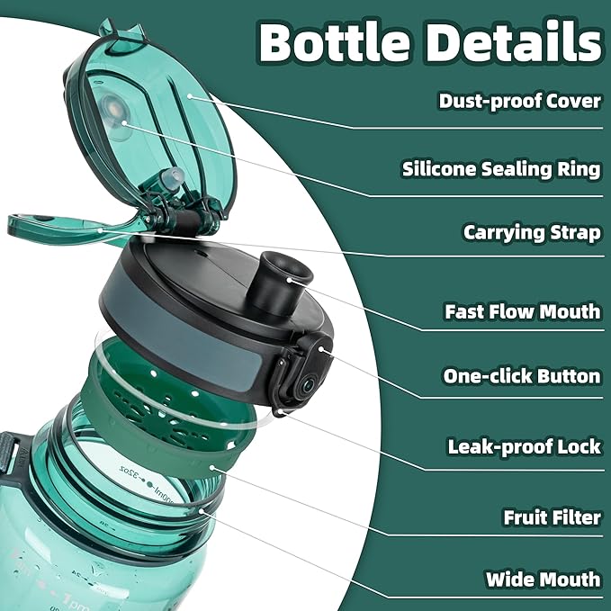 OLDLEY 32 oz Water Bottle, Motivational Water Bottle with Time Marker, Sports Water Bottle With Strap, Leakproof & BPA Free Large Water Bottles for School, Gym, Travel, Tritan, Transparent Dark Green
