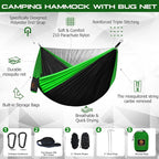 Camping Hammock, Portable Hammocks with Mosquito Net,Lightweight Nylon Parachute Hammock with 10ft Tree Straps,Camping Gear Must Haves for Travel Hiking Backpacking Beach Patio Black& Green
