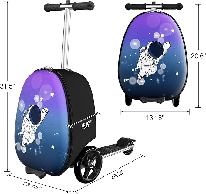 Baotree 2-in-1 Ride-On Scooter Suitcase, Scooter Luggage for Kids Ages 5-12, Foldable & Lightweight Carry with LED Light-Up Wheels