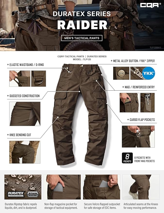 CQR Men's Tactical Pants, Water Resistant Ripstop Cargo Pants, Lightweight EDC Work Hiking Pants, Outdoor Apparel