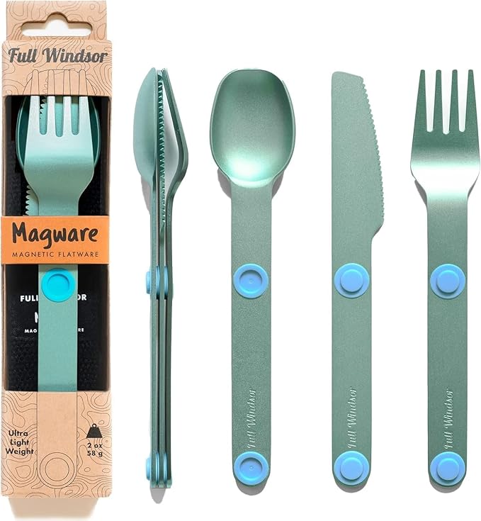 FULL WINDSOR – MAGWARE- Magnetic Camping Cutlery Set- Travel Silverware with case, Kids Lunch Box Set, Outdoor Flatware Utensils, Portable Repurposable Essentials Knife, Fork & Spoon- Turquoise (3PCS)
