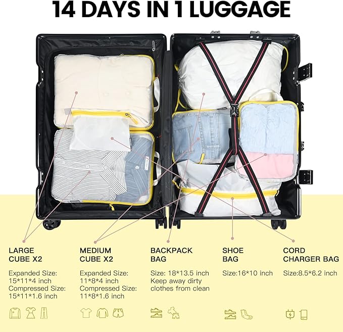 Lightweight Compression Packing Cubes for Suitcases, Compressible Expandable Travel Packing Organizer with Clear Toiletries and Backpack Bag, Travel Essentials for Carry on Luggage 7 Set
