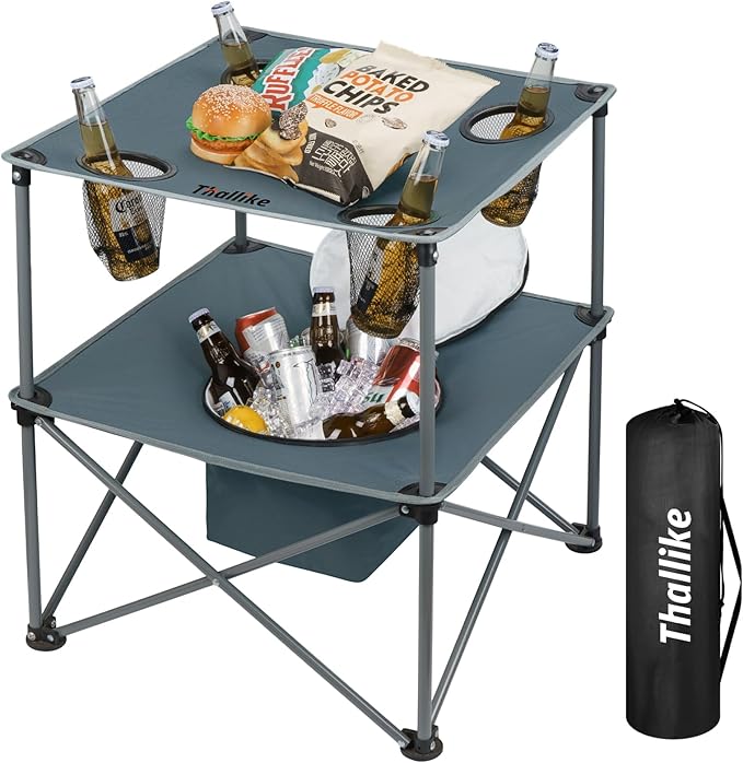 Portable Picnic Camping Table with Cooler, Folding Beach Table with 4 Tear Resistance Cup Holders, Tailgating Table Carry Bag for Travl, Beach, Summer Cookout Essential (Grey)