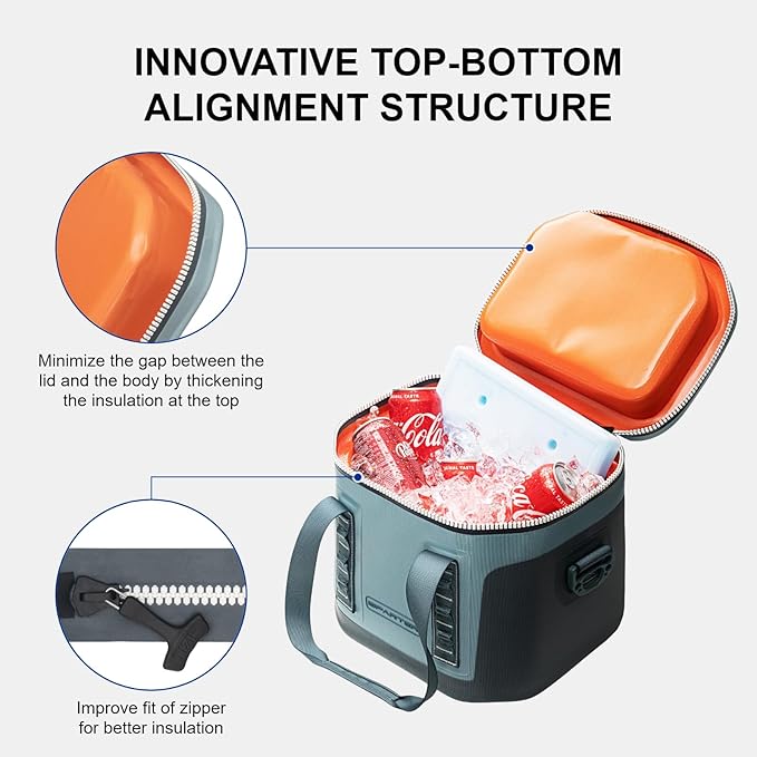 Portable Soft Cooler 12 Cans, IP68 Tizip Leak-Proof Zipper for Camping, Fishing, Beach, Outdoors Insulated Ice Chest with Reusable Ice Pack