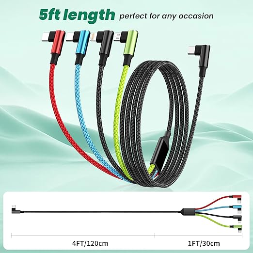 Travel Vacation Essentials USB C Multi Charging Cable, Right Angle 4 in 1 Charging Cable, Phone Charger Cords with IP/Type C/Type C/Micro Port, Compatible with Most Cell Phones and More（1Pack 5FT）