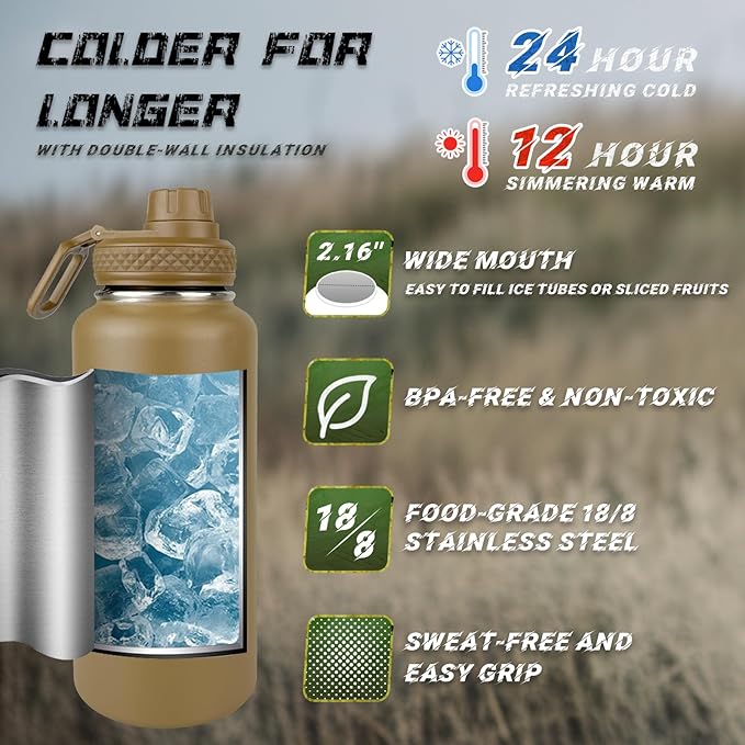 32 oz Insulated Water Bottle with Sleeve - Tactical Stainless Steel Metal Water Jug, Wide Mouth Gym Water Bottles for Men Sports Workout Hiking with Pouch Khaki