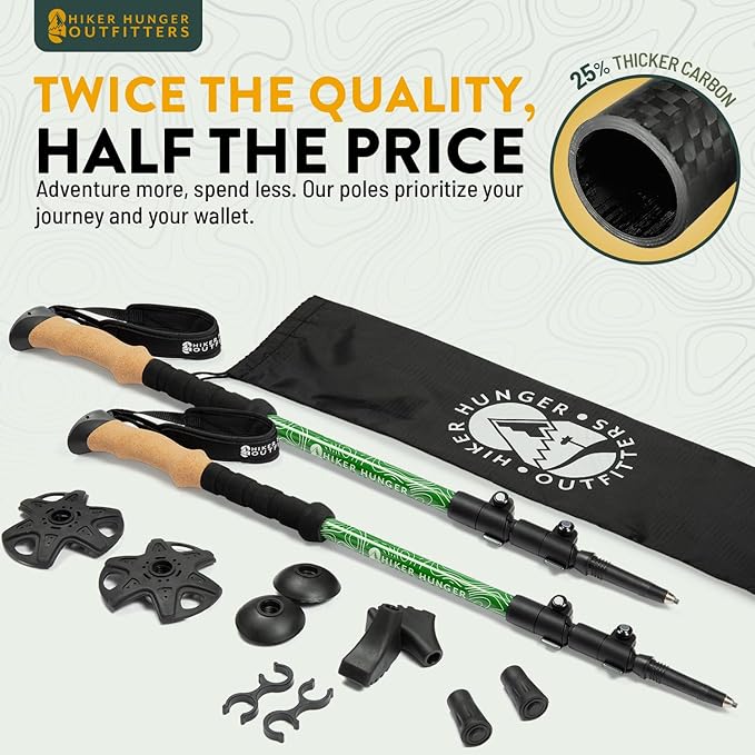 100% Carbon Fiber Trekking Poles by USA Brand - Ultra Strong Lightweight Collapsible Hiking Poles with Cork and EVA Foam Grips & Quick Adjustable Flip Locks