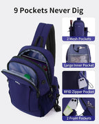 ECOHUB Crossbody Bags for Women Men, Anti-Theft RFID Blocking Roomy Sling Backpack with Sturdy SBS Zippers Water Resistant Chest Shoulder Bag Daypack with 9 Pockets Casual Walk Outdoor, Blue