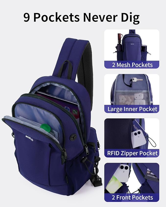 ECOHUB Crossbody Bags for Women Men, Anti-Theft RFID Blocking Roomy Sling Backpack with Sturdy SBS Zippers Water Resistant Chest Shoulder Bag Daypack with 9 Pockets Casual Walk Outdoor, Blue