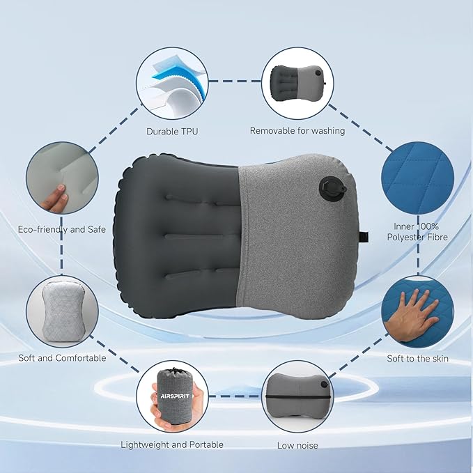 AIRSPIRIT Inflatable Camping Pillow Ultralight Adjustable Firmness, TPU Travel Pillow for Neck & Lumbar Support, Hiking, Backpacking, Airplane, Car Travel & Beach with Removable Washable Cover (Black)