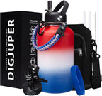 Half-Gallon Vacuum Water-Bottle with Sleeve, Paracord Handle, Straw & Spout Lid, 64oz Stainless Steel Insulated Water Jug, Cold-48h & Hot-24h Triple-Wall Metal Vacuum Flasks for Sports Hiking Camping