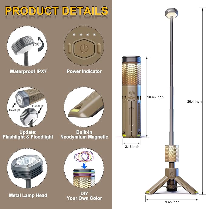 Camping Lantern Rechargeable, Telescoping-Camping-Lights, 10500mAh Capacity Battery Powered, Outdoor-Lantern for Hiking/Adventure/Power Outages, IPX7 Water Resistant(Khaki)