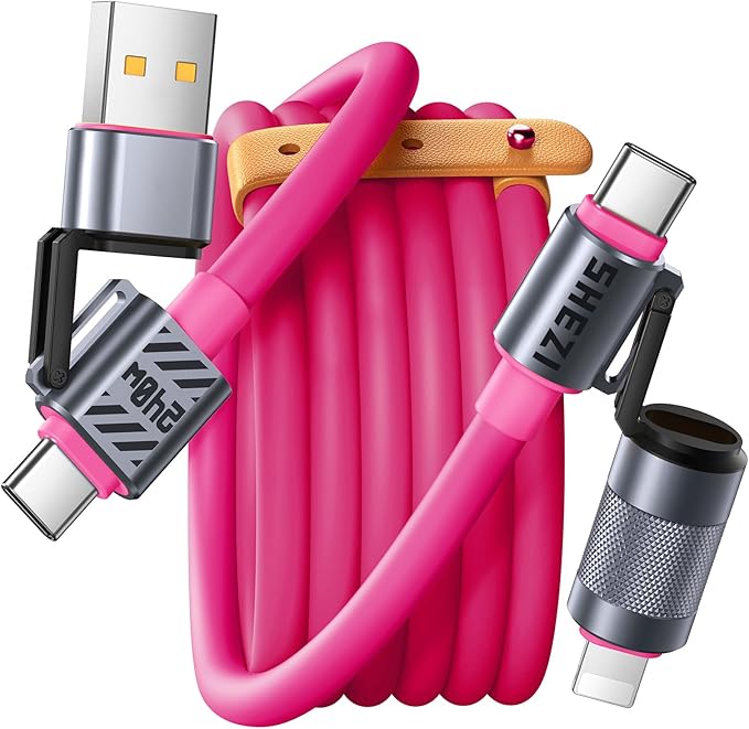 4 in 1 USB C Cable 240W 5FT Fast Charging & Data Transfer, Thicker Silicone Multi Charger Cord for iPhone iPad Charger Wire Combo with L/Type C/USB A for iPhone 16/15/Macbook (Pink)