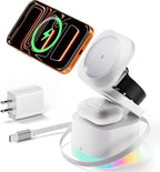 5 in 1 Wireless Charger, Foldable Wireless Charging Station with Night Light for Apple Magnetic Charger, Retractable Cable Fast Charger Stand for iPhone 17/16/15/14/13/12, Apple Watch, AirPods Pro 3