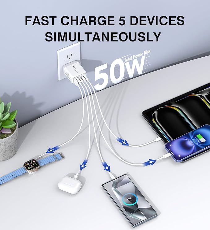 50W USB C Wall Charger Block, 2Pack 5-Port C Charger Fast Charging Block Dual PD Power Adapter&QC 3.0 Wall Plug Multiport Type C Charging Cube Brick for iPhone 16/15/14/13/12 Pro Max, iPad,Samsung