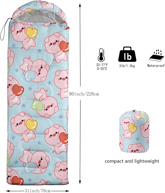 AILONEN Pink Lovely Rabbit Sleeping Bag for Girls Kids Adults,Warm and Cool Weather,Lightweight,Waterproof Backpacking,Cartoon Flowers Printed Bunny Sleeping Bag for Camping