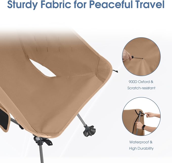 MOON LENCE Camping Chair Plus, Upgraded Comfort & Size, Still Compact and Lightweight, Folding Portable Chair for Backpacking & Hiking, 400Lbs Capacity, Gen 3 Plus (Khaki with Groundgrip Feet (Plus))