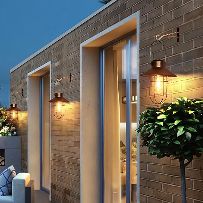 pearlstar Solar Lanterns Outdoor Metal Solar Powered Hanging Lights Waterproof for Barn Wall Yard Garden Patio Garage Balcony Porch Fence Decor, Warm White Edison Bulb (Copper-2pack)