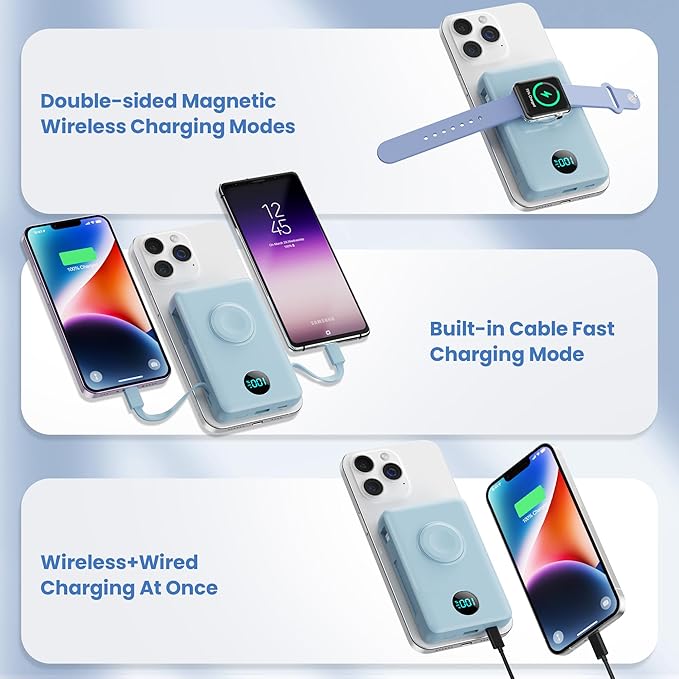 Magnetic Portable Charger for iPhone with Built-in Cables, 6-in-1 10800mAh Power Bank with iWatch Charger & LCD Display,25W Fast Charging Battery Pack for iPhone 16/15/14/13/12,Apple Watch (Sky Blue)