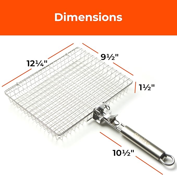 Stainless Steel Large Grill Basket with Removable Handle – 12.25 x 9.5 x 1.5 Inch BBQ Vegetable Basket with Easy Open Lid, Silicone Basting Brush & Scrub Sponge – Outdoor Cooking & Camping Accessory