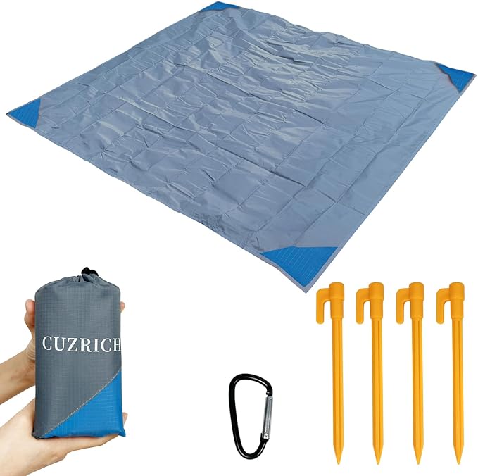 Pocket Beach Blanket Small Foldable Picnic Mat Portable Lightweight Camping Tarp Tent Blankets Washable Rug Quick Dry Compact Beach Mats Hiking Outdoor Essentials (Gray/Blue 55"*59" / 4.59ft×4.92ft)