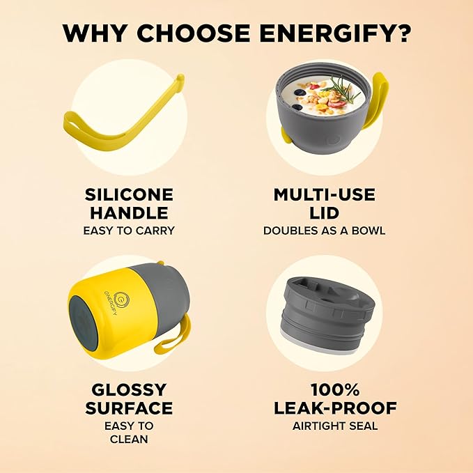 ENERGIFY Vacuum Insulated Food Jar. Large 12oz Bowl incl. Folding Spoon, Cup. Wide Mouth Keep Hot & Cold Drinks Soup Lunch Container for Adults. BPA-Free Stainless Steel, Leak Proof Yellow