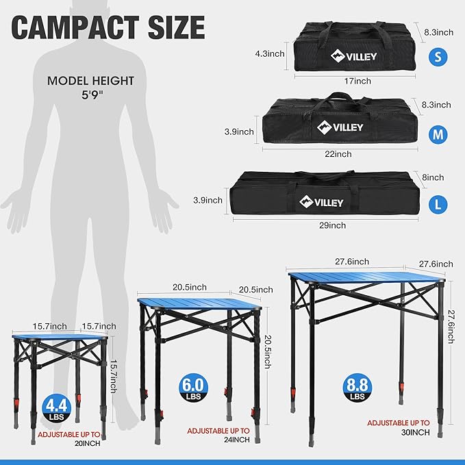 VILLEY Folding Camping Square Table with Carry Bag, Lightweight Aluminum Adjustable Square Table for Outdoor, Camping, Picnic, Backyards, BBQ, Small