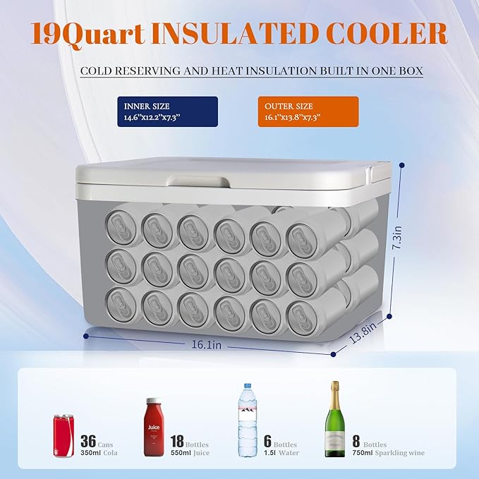 11Qt 19Qt Insulated Portable Cooler Leak-Proof Ice Chest Lunch Box Hard Coolers with Extra Ice Pack for BBQ, Camping, Pincnic