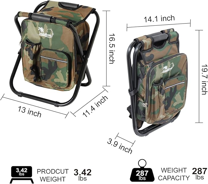 LEADALLWAY Backpack Fishing Chair with Cooler Bag Foldable Stool,Fishing Hunting Gifts for Men,Outdoor,Camping,Paints,BBQ,Beach,Picnic,Hiking,Concert, Camouflage
