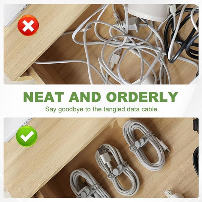 20PC Data Cable Organizer, 2026 Upgrade Silicone Cable Ties Reusable Cable Management Organizers, Multipurpose Elastic Cord Organizer for Fastening and Bundling Cable Cords Wires (20PC)