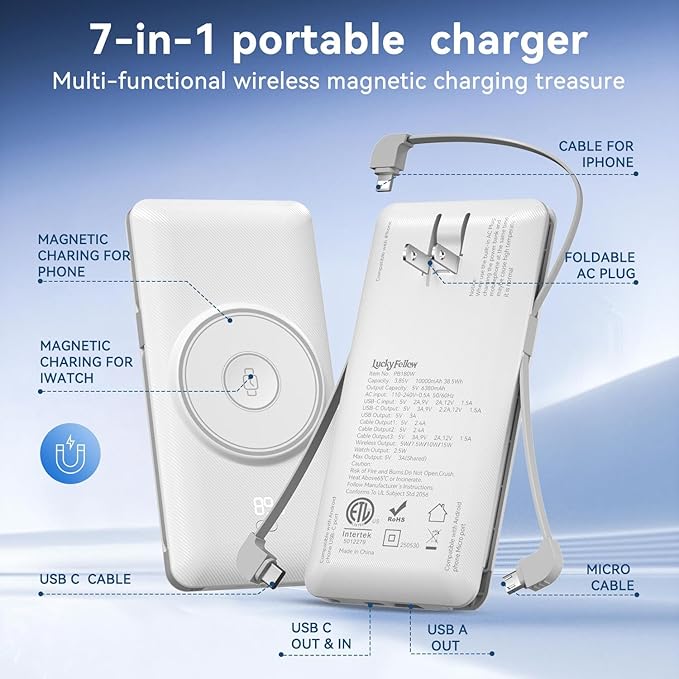 Magnetic 10000mAh Portable Charger for iWatch & iPhone, 22.5W USB C Fast Charging Wireless Power Bank Built-in Cables and Wall Plug, External Travel Battery Pack Compatible with iOS Android Devices