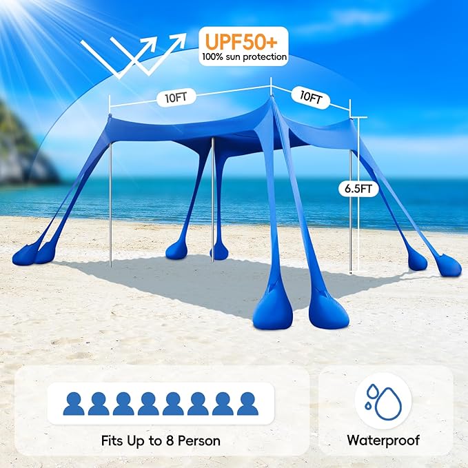 Beach Tent Sun Shelter 10x10ft, Shade Canopy, Sunshade UPF50+ with 8 Sandbags, Sand Shovels, Ground Pegs & Stability Poles, Portable Carry Bag for Family Party,Camping,Fishing,Backyard,Picnics