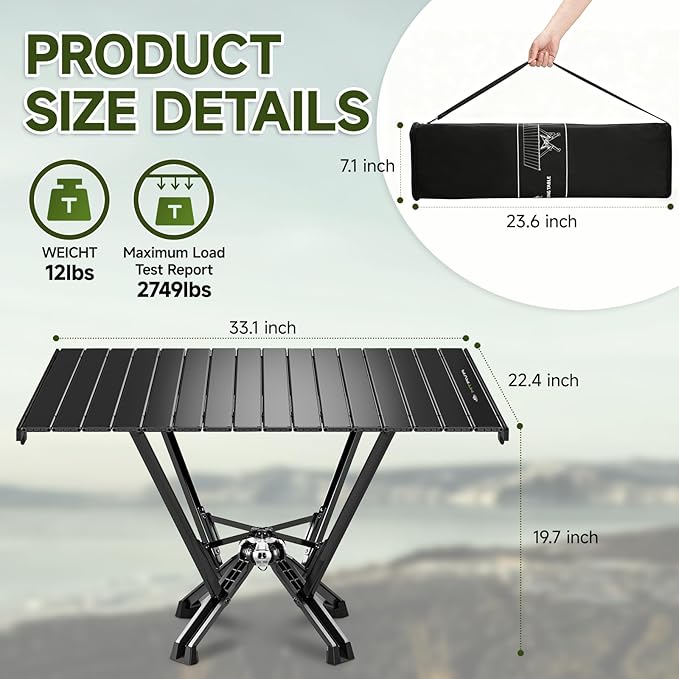Camping Table Folding, Small Camping Table with Load 380lbs, Portable Roll up Aluminum Foldable Table with Carry Bag for Outdoor, Picnic, Camping, Black