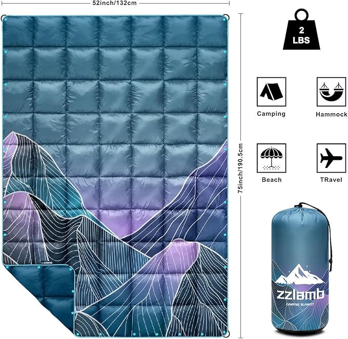 zzlamb Camping Blanket, Outdoor Lightweight Travel Blanket Puffy Portable Down Alternative, Windproof Warm Cloak with Snaps, Cozy Quilt Backpacking Picnic RV Plane Car Hammock Beach Climbing