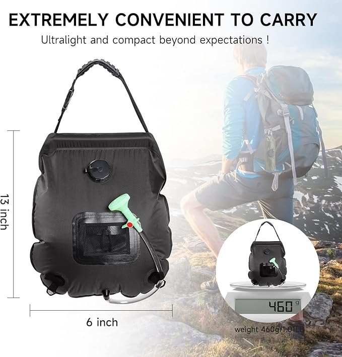 Unniweei Solar Portable Shower Bag, 5 Gal/20L Solar Heating Camping Shower Bag with Removable Hose&On-Off Switchable Shower Head, Compact Camping Shower for Camping, Hiking, Traveling, Beach Swimming