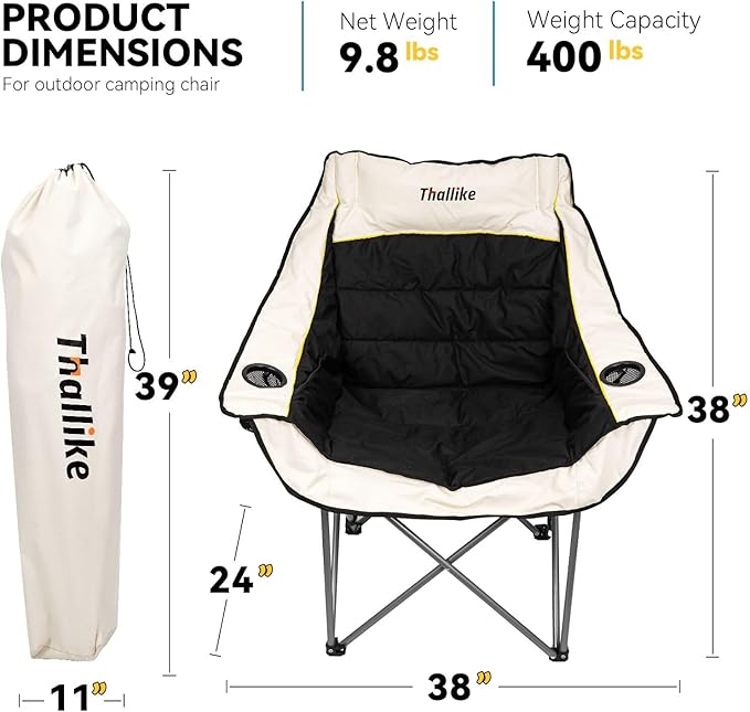Oversized Camping Chair for Adults – Heavy Duty Folding Chair with Cup Holders, Storage Pocket & Carry Bag – Outdoor Padded Camp Chair for Camping, Backyard, Fishing & Sports – Supports 400lbs