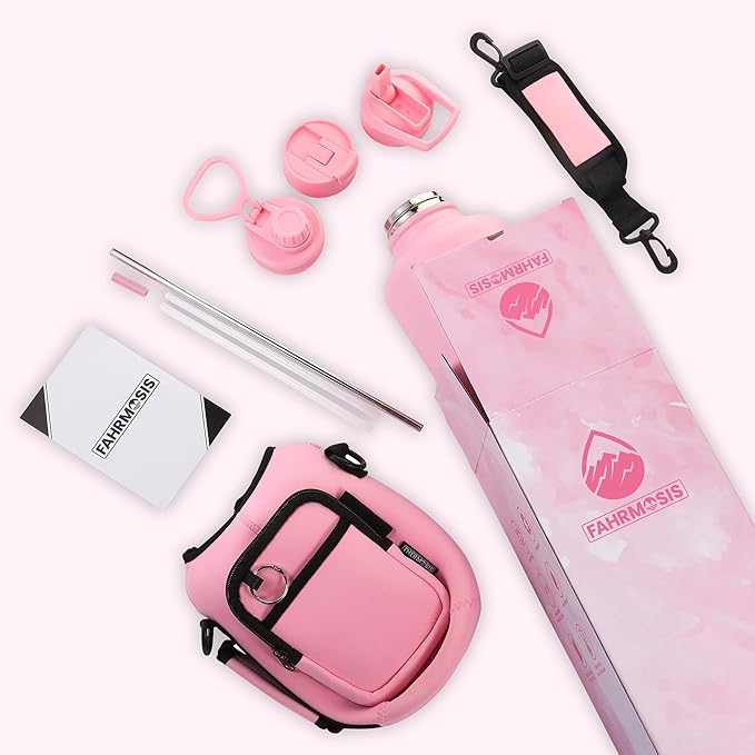 64 Oz Insulated Water Bottle with Strap Stainless Steel Sports Water Bottle with 3 Lids (Straw, Chug and Flip Lid) Leak Proof Metal Half Gallon Jug for Men & Women - Pink (Solid)