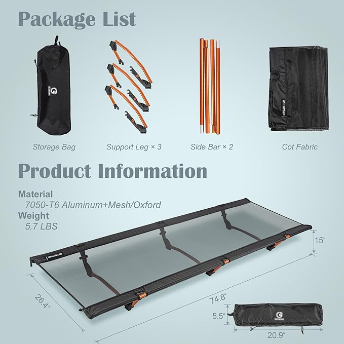 G2 Foldable Camping Cot, Durable Travel Tent Cot, Ultralight for Backpacking, Summer Hiking, Mountaineering, Max Loading Capacity 264lb, Easy to use for Woman & Man, Comes with Storage Bag