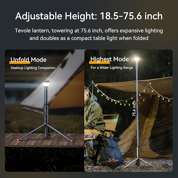 Camping Light Telescopic Collapsible 800 Lumens IP65 Waterproof Smart Remote Magnetic Base USB Rechargeable Battery Adjustable Height for Outdoor Adventure Hiking Emergency Lighting