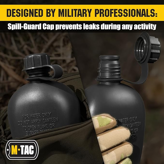 M-Tac Canteen Water Bottle - 1 Quart Water Canteen (34 Oz/1L) - Tactical Water Bottle for Military Hiking Camping Survival (Black)