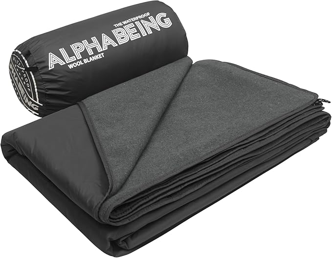 AlphaBeing Waterproof Outdoor Blanket with Merino Wool, Extra Thick Warm, Windproof, Packable Stadium Blankets for Cold Weather, Camping Gift, Pet, Car, Picnic, Concerts, 79" x 59", Black/Gray