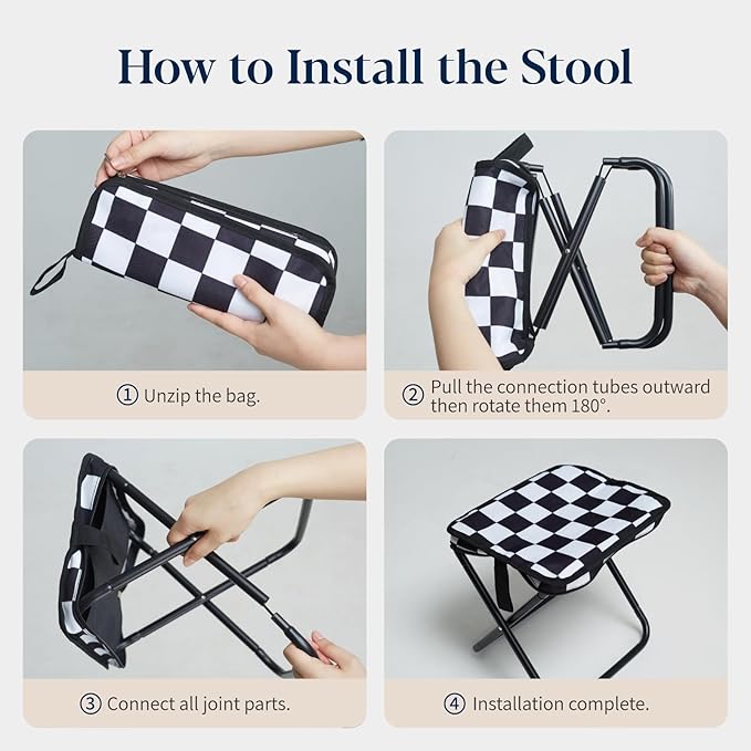 Collapsible Stool Camping Folding Stools: 1.1lbs Lightweight Portable Foot Stool Load 300lbs - 10.5 Inch Camping Chair Fishing Hiking Gardening Beach BBQ with Carry Bag Easy Transport (Black & White)